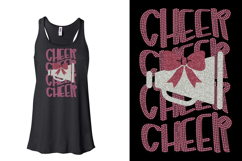 CHEER CHEER CHEER CHEER  glitter rhinestones Youth Flowy Racerback Tank